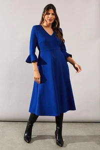 Wallis Womens Fit Flare Dress Blush V-Neck Flute Sleeve Midi Ponte Elegant - Picture 1 of 5
