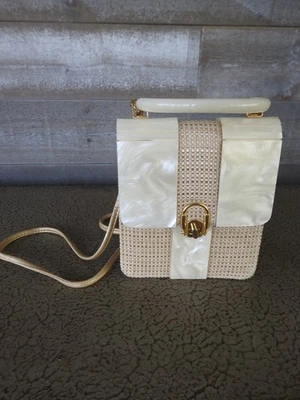 1950s 1960s  Soft Material Crossbody Bag Purse Lucite Handle & on Front & Back - Image 1 of 4