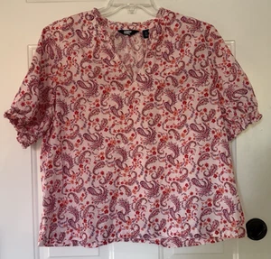 Lands End Large L Pink Purple Paisley Short Sleeve V Neck Shirt Tunic Top 14 16 - Picture 1 of 7