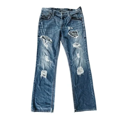Calça jeans Affliction Blake masculina 33 longa azul desgastada perna reta Y2K - Imagem 1 de 4