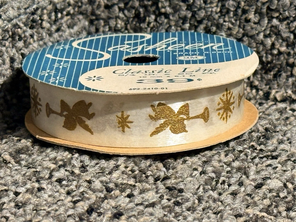 Vtg 60s 3/4"  Christmas Sasheen Ribbon Gold Angels/Stars White 3M Classic Line - Image 1 of 4