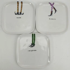 Rae Dunn Halloween Witch Feet 8" Square Plate Socks Shoes Legs Set Of 3 Magenta - Picture 1 of 24