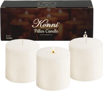 Juego de 3 velas de pilar blancas, 3"x 3" velas de pilar sin perfume a granel, 30 horas... Foto 1 de 4