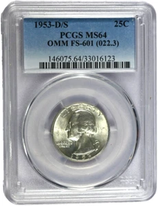 1953-D/S PCGS MS64 OMM (Over Mintmark) FS-601 (022.3) Washington Quarter - Picture 1 of 3