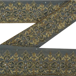 Sanskriti Vintage 1 Yd Sari Border Hand Beaded Trim Sewing Grey Craft Lace - Picture 1 of 6