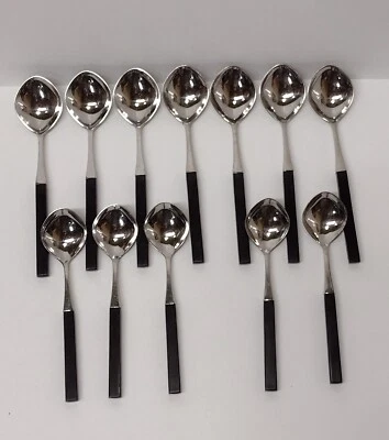 Juego de 12 cucharas soperas cubiertos MCM de acero inoxidable con mango negro Lundtofte Dinamarca  Foto 1 de 4