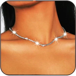 Rhinestone Choker Necklace Silver Jewelry Sparkly Crystal Necklaces Prom Necklac - Picture 1 of 7