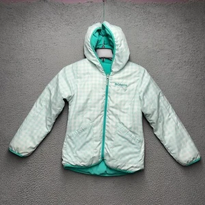 Columbia Reversible Jacket Girls Medium White Green Plaid Hooded Softshell Coat - Picture 1 of 14