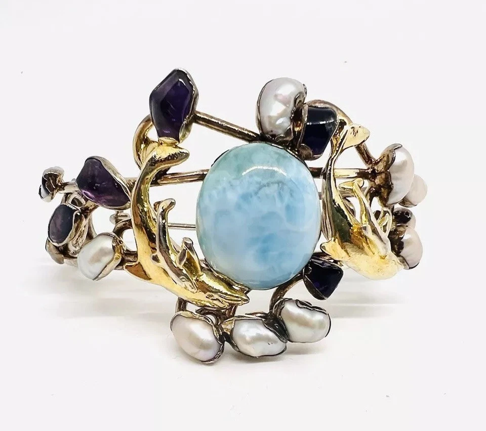 AMAZING Sterling Silver Multi Gemstone Artisan Cuff Bracelet Vermeil Dolphins - Image 1 of 4