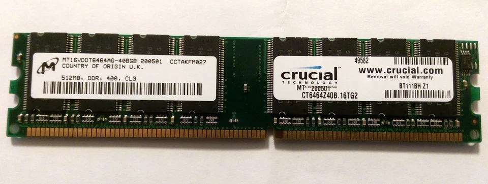 Crucial CT6464Z40B.16TG2 (512MB DDR PC3200U 400MHz DIMM 184-pin) 16C RAM Memory - Image 1 of 1