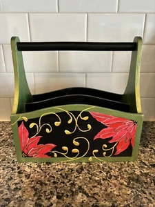 Hand Painted Wooden 2-Section Desk Mail Organizer Holder Floral Poinsettia 10” - Picture 1 of 6