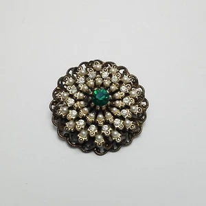 Vtg Art Deco Layered Filigree Brooch Pin Green Rhinestone Pearl Victorian - Picture 1 of 7
