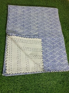 Unique Indian Kantha Quilt Bedspread Throw Cotton Bedcover Block Print Blue - Picture 1 of 6