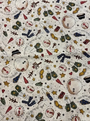 Linda Stubbs Christmas Winter Primitive Snowmen Cotton Fabric 2 yds - Image 1 of 4