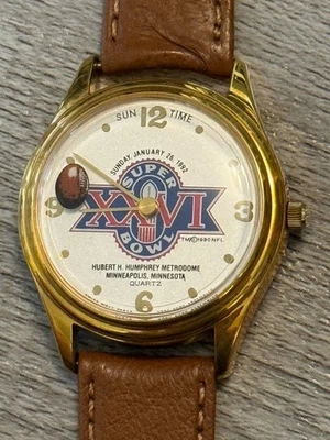 Reloj De Colección Super Bowl XXVI Para Hombre Dorado NFL Fútbol Minneapolis Cuero Marrón Foto 1 de 4
