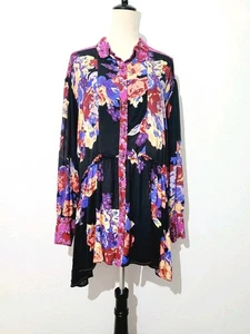 Free People Brunch A Bunch Floral Tunic Top Black Multicolor Button Front Boho L - Picture 1 of 12