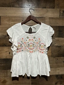 Blusa Camisa Top Blusa Lucky Brand Mediana Babydoll Blanca Bordada Floral - Imagen 1 de 2