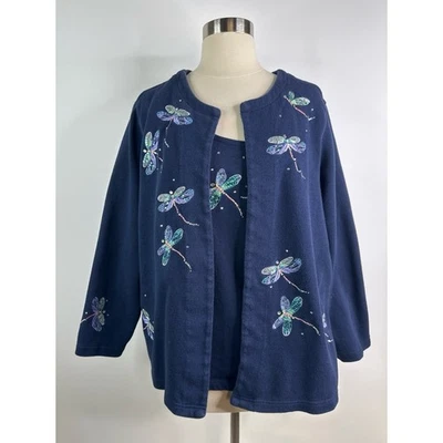 Quaker Factory Sequin Dragonfly Embroidered Cotton Cardigan Tank Attached 1X - Image 1 of 4