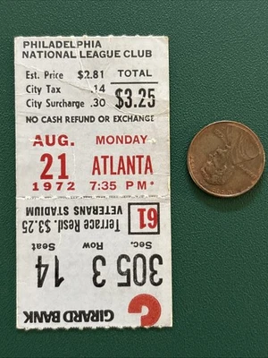 HENRY AARON 1972 Phillies Braves ticket stub NIEKRO CARLTON 11 Inns WIN STREAK - Image 1 of 3