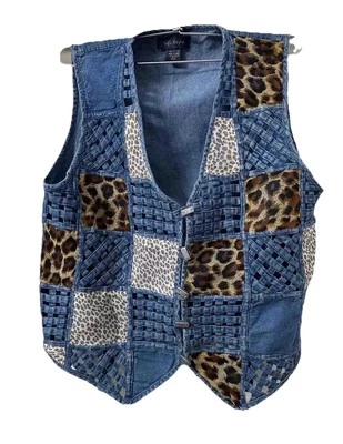 VTG Artsy Leopard Denim Cotton Sm Western Vest  Patchwork Lattice Boho Chic Y2K - Image 1 of 4