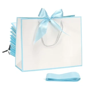 12Pcs, 12.6x4x9.8'' Gift Bags with Bow Ribbon Medium with Handles White/Sky Blue - Picture 1 of 7