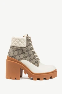 Gucci Beige & Ebony Canvas & Leather Lace-Up GG Ankle Boots, Size US 6.5 - Picture 1 of 11