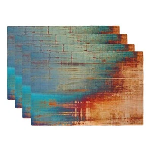 Blue and Orange Vintage Abstract Placemats Set of 4 Messy Rust Painting Linen... - Picture 1 of 7