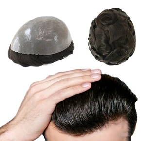 Durable Toupee For Men Human Hair Poly Skin Men Toupee Human Hairpiece Scalloped - Picture 1 of 10