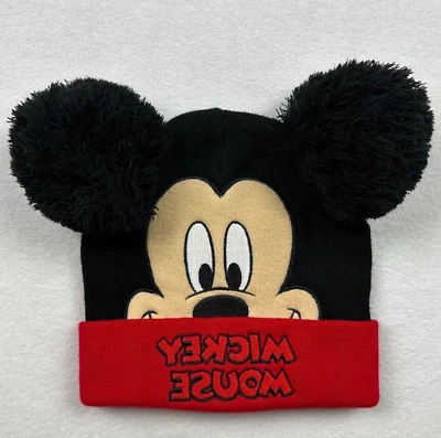 DISNEY Winter Hat Beanie Mickey Mouse Ears Embroidered Black / Red - Image 1 of 4