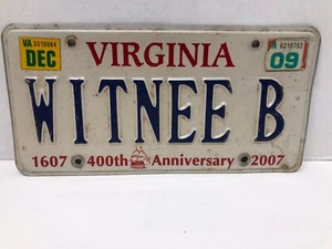 2009 Virginia Jamestown 400th Anniversary Vanity License Plate WITNEE B - Picture 1 of 2