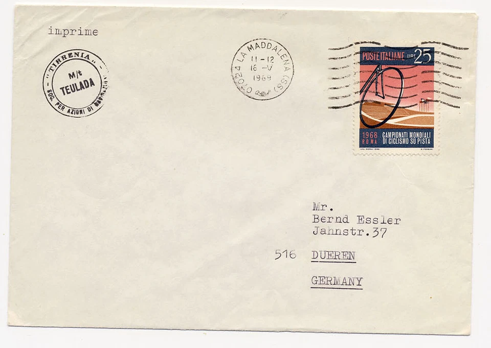Italy 1969 Paquebot Seapost Ship Event Cover M/N Teulada La Maddalena to Germany - Image 1 of 1
