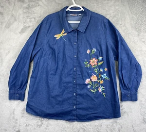 Quacker Factory Denim Shirt 1X Embroidered Dragonfly Floral Snap Button Cottage - Imagen 1 de 12
