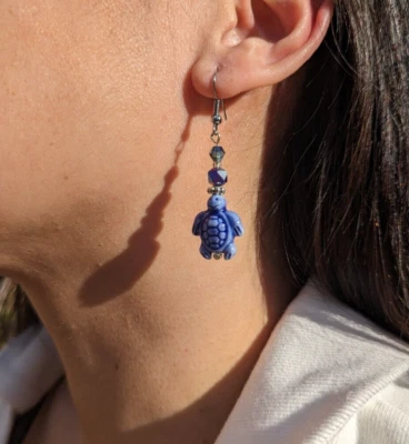 Pendientes colgantes de cerámica azul-púrpura tortuga hechos a mano moda Kawaii‎ joyería Foto 1 de 4