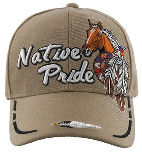 NUOVO! CAPPELLO BERRETTO BASEBALL NATIVE PRIDE PIUME DI CAVALLO MARRONE CHIARO - Foto 1 di 4