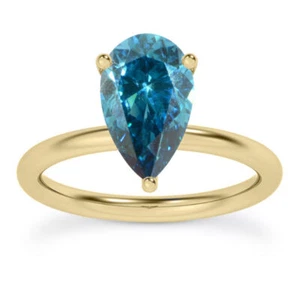 Diamond Solitaire Ladies Ring Pear Shape Blue Treated 14K Yellow Gold VS2 1Carat - Picture 1 of 5