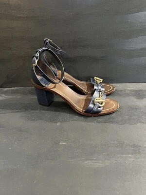 Tory Burch Navy Blue Leathe Heels Women’s Size 6 Gold Buckle Block Open Toe - Image 1 of 4