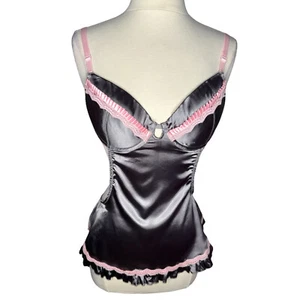Frederick's of Hollywood Satin Gray Pink Maid Apron Lingerie Back Waist Ties S - Imagen 1 de 10