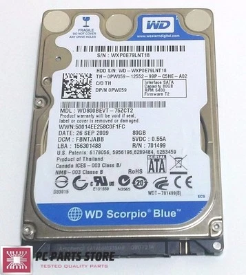 Western Digital 80GB 2.5 WD800BEVT-75ZCT2 2061-701499-E00 AC FOR PARTS/REPAIR - Image 1 of 4