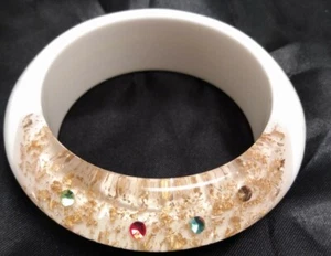 Vintage White Bangel With Clear Resin Gold Flakes And Colored Rinestones - Picture 1 of 4