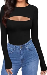 Womens Cutout Front Tops Long Sleeve Short Sleeve Bodycon T-Shirts - Picture 1 of 4