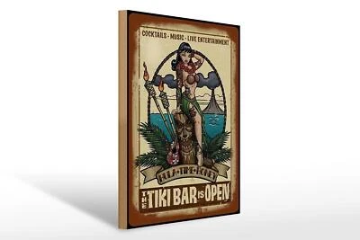 Holzschild Pin Up 30x40 cm TIKI Bar is Open Cocktail Music Deko Schild - Bild 1 von 4