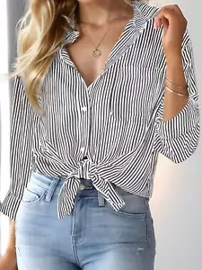 Womens Button Down Shirts Classic Striped Long Sleeve Collared Blouses Tops - Picture 1 of 15