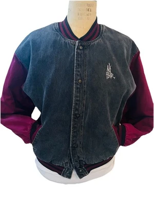 Chaqueta Universitaria Bombardero A Presión Mangas Borgoña Denim Negra NO FEAR Años 90 De Colección Hombres M Foto 1 de 4