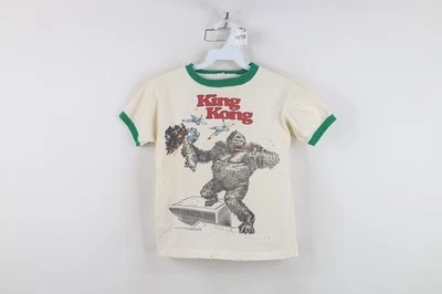 Vintage 70s Boys Large Thrashed King Kong Short Sleeve Ringer T-Shirt White USA - Image 1 of 4