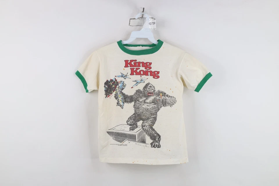Vintage 70s Boys Large Thrashed King Kong Short Sleeve Ringer T-Shirt White USA - Image 1 of 4