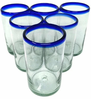 Hand Blown Mexican Drinking Glasses – Set of 6 Glasses with Cobalt Blue Rims... - Image 1 of 4