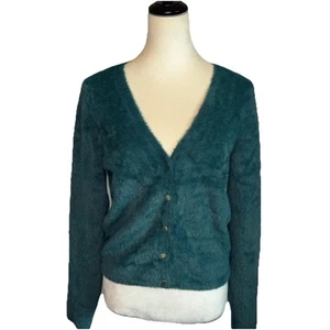 Abercrombie Fitch Soft Cozy Fuzzy Button Up Cardigan V Neck Teal Green Women LG - Picture 1 of 10