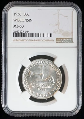 1936 Half Dollar Wisconsin Territorial Centennial MS 63 NGC Blast White - Image 1 of 4