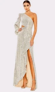 Ieena Mac Duggal Silver Sequined One Shoulder Cut Out Gown Dress Size 4 - Picture 1 of 12