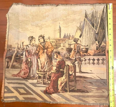 Vintage Italian Woven Wall Tapestry Art Venice Scene Women Water Ships Tower 20" - Image 1 of 4